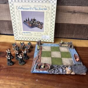 Fisherman Tic Tac Toe Set Shoreline Rowboat Nautical Decor In Box Complete Flaws